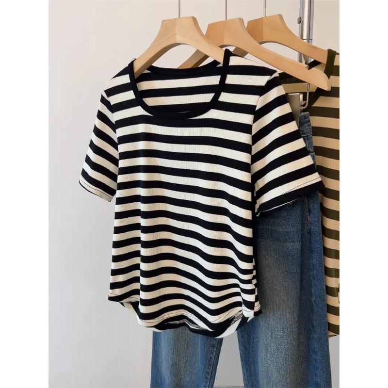 Черно-белая полосатая футболка с круглым вырезом и коротким рукавом, повседневная свободная полосатая футболка L чёрный