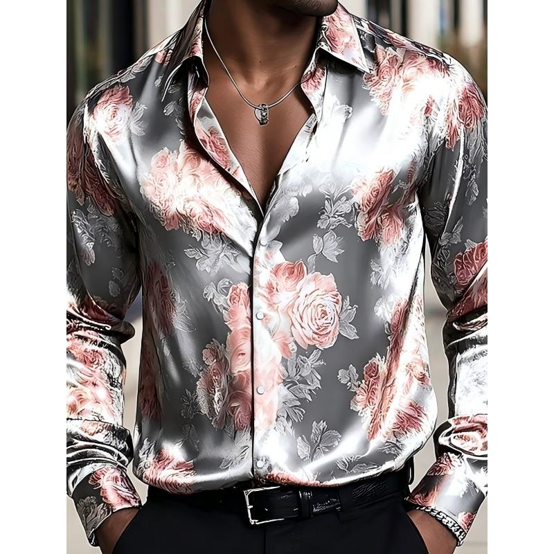 Men's Floral Pattern Rose Shirt, Long Sleeved Retro Vacation Daily Wear, Summer and Spring 3D Printed Shirt