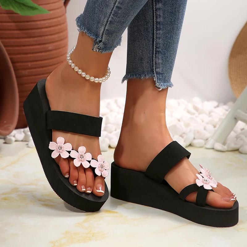Fashion Simple Style Flower High Heel Slippers Women New Plus Size Thick Bottom Sandals Female Summer Beach Non Slip Wedge Slides Mujer