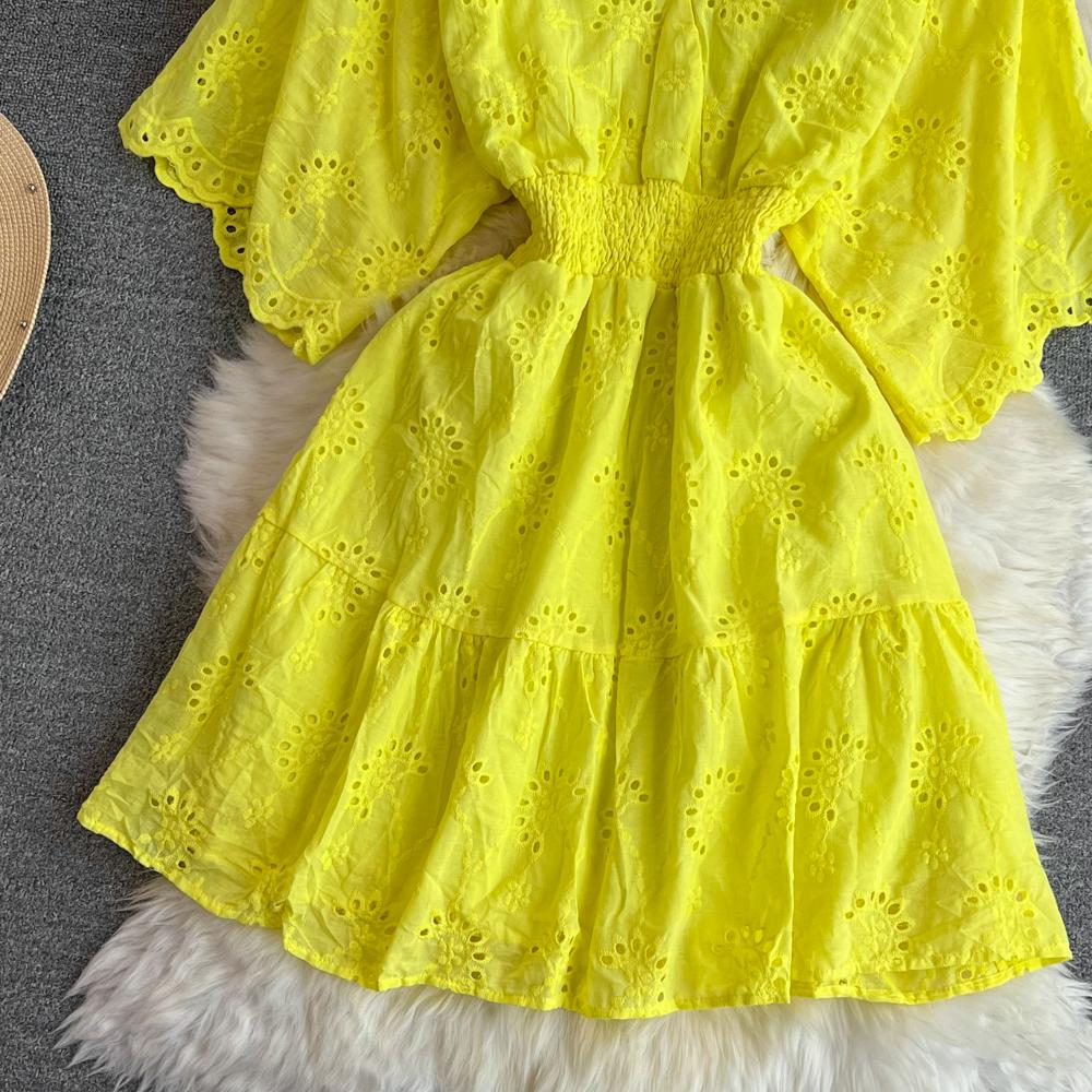 Vestido Vintage con bordado calado de cintura alta, vestido de hada acampanado de manga corta, Vestidos elegantes de playa para verano, vestido veraniego para vacaciones para mujer