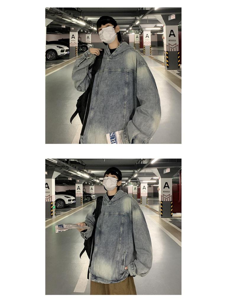 Men's Retro Denim Hooded Sweatshirt Jacket – Washed Distressed Look for Autumn/Winter