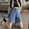 Damen Sommer Jeansshorts Übergröße Designgefühl Hohe Taille Gerade Hose Locker Weitbein Fünf-Punkt-Hose