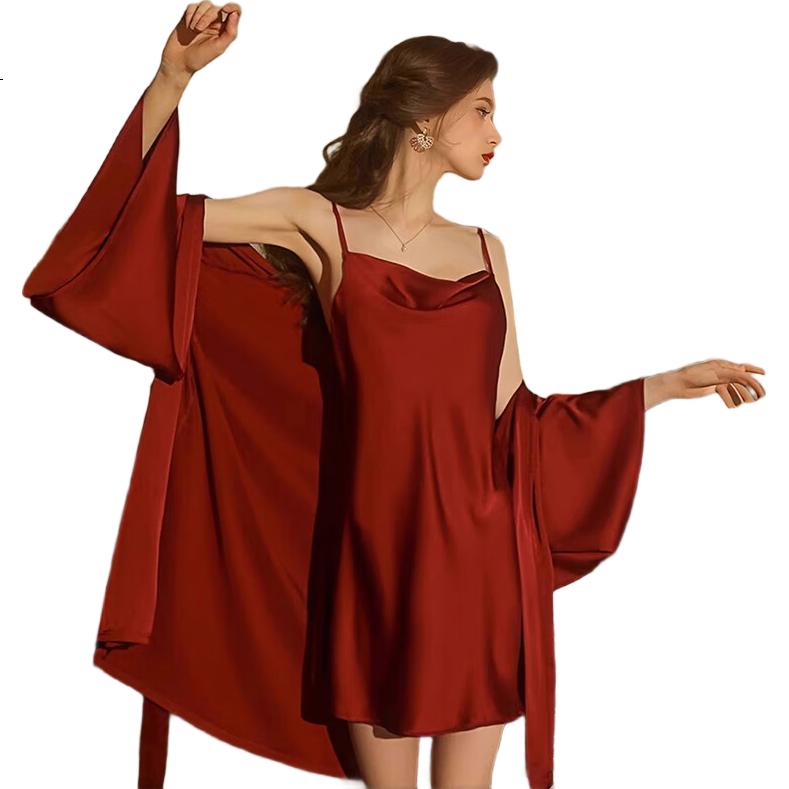 XUEXIMAN Roupão de Manhã, Roupa de Dormir para Noiva, Camisola Sexy Feminina de Seda Gelada com Alças Finas, Conjunto de Duas Peças, Roupão de Casamento Elegante, Roupa de Casa