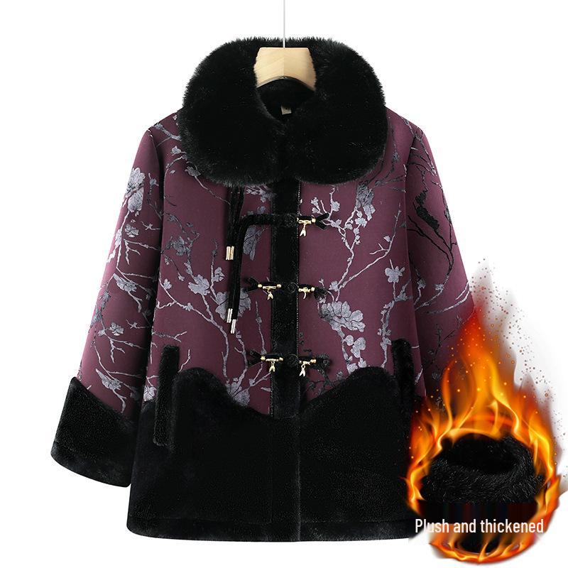 Warm Winter Fleece Coat for Elderly Women - Fur Collar, All-in-One Design