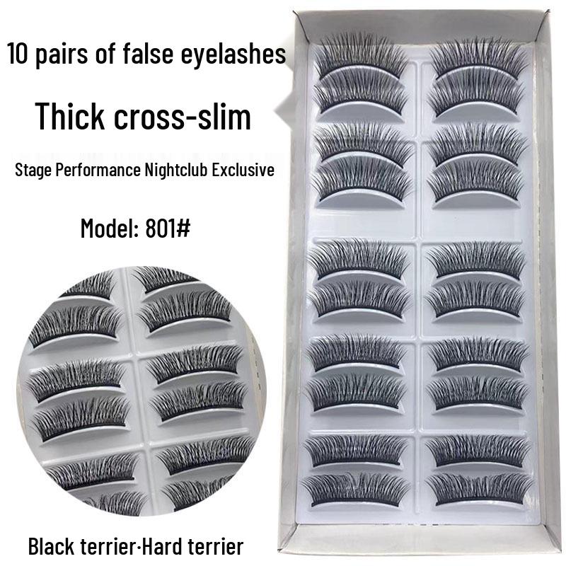 Ten Pairs of Handmade Criss-Cross False Eyelashes 801#: Dense, Natural, Long, Thin Stem for Big Eyes None