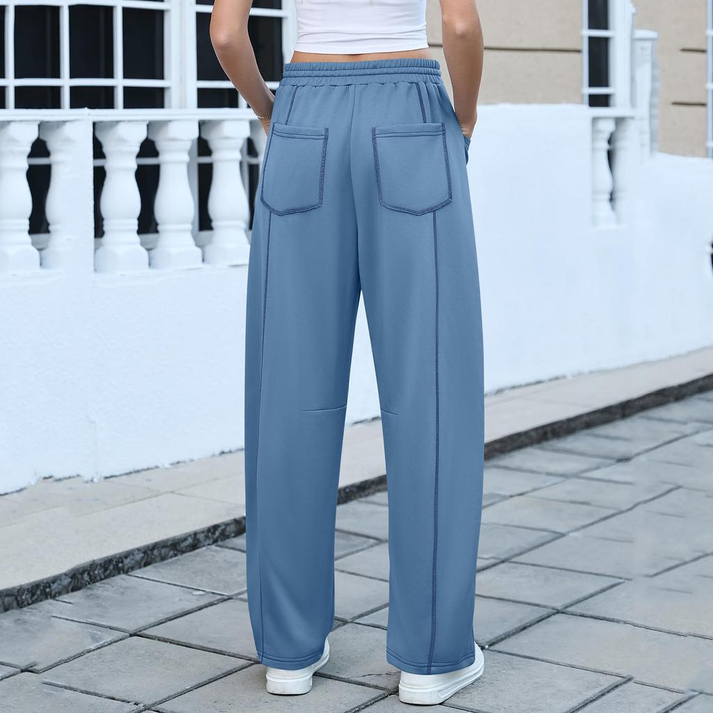 Calças Elásticas de Cintura Alta para Mulheres Caimento Casual Perna Larga Calças Compridas Calças Com Bolsos