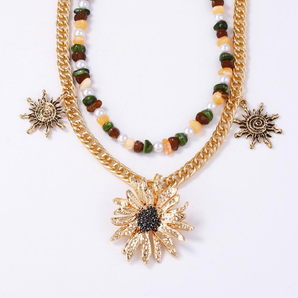 Personality Trend Retro Alloy Sunflower Pendant Double Stacked Necklace Casual Color Beaded Women's Accessories