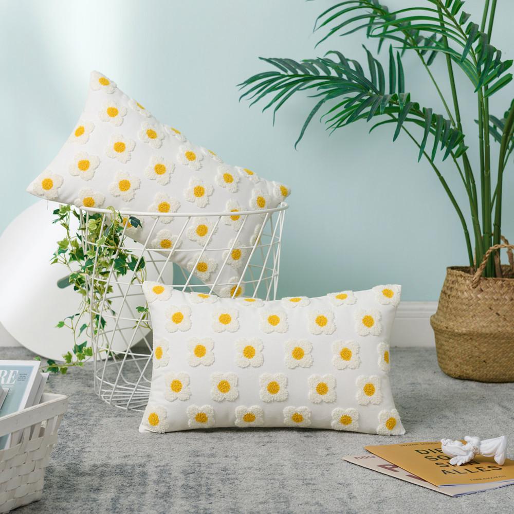 Kleiner Gänseblümchen-Stickerei Kissenbezug Sonnenblume Eierblume Baumwollboden Taillenkissenbezug Ins Stil Wohnzimmer Sofa Kissen