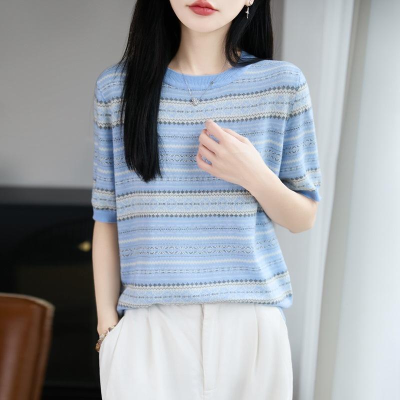 Round-neck Knitted Short-sleeved Women's Color-blocked Jacquard Base Layer Top for Spring/summer New Style Vintage T-shirt