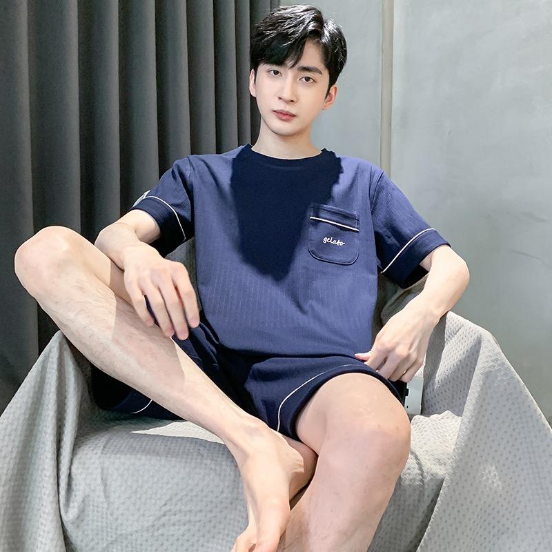 Big Size Summer Men Cotton Pajamas Jersey Short Sleeve Shorts Set Simple and Easy To Clean Solid Color O-Neck Sleepwear Homewear