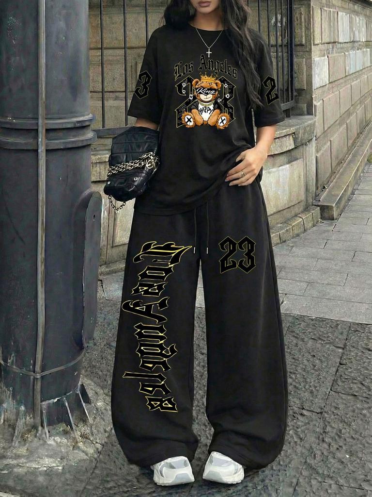 Amerikanischer Retro Street Trend Cool Buchstabendruck Kurzarm-T-Shirt Weite Hosen Set Damen Lässig Locker Sport Zwei Teile