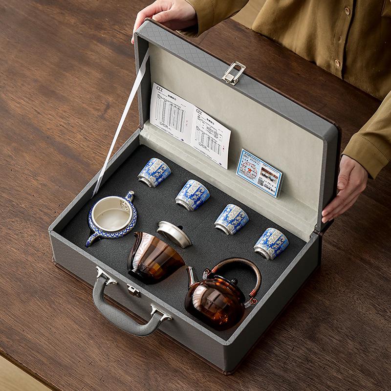 Silver-Plated Blue & White Porcelain Gongfu Tea Set with Kettle Handle - Perfect High-Grade Gift for Elders & Leaders.