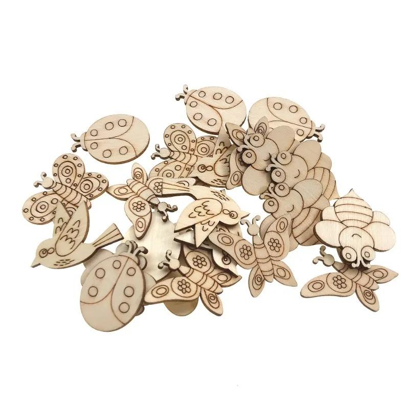 50pcs Wooden Embellishments Butterfly Bee Flower Leaf Squirrel Slices Discs Unfinished Cutouts Wood Ornaments for Crafts DIY