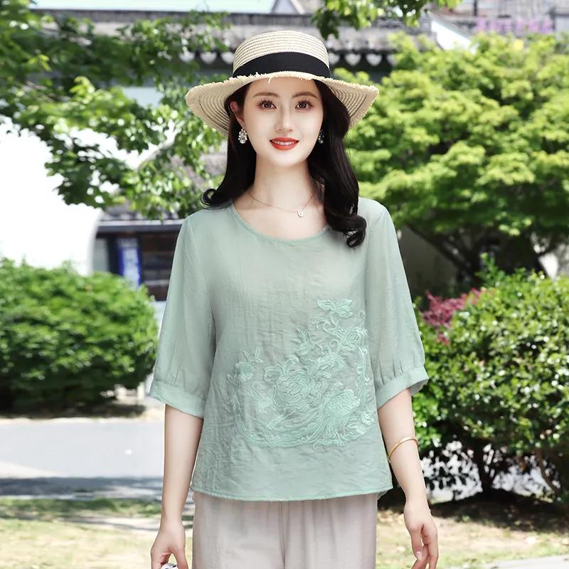 Women Casual Loose Pink Shirt Floral Embroidery Half Sleeve Blouse