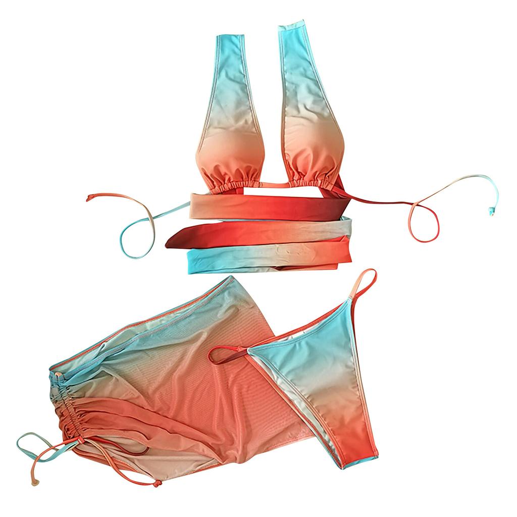 Women's Colorful Three-Piece Bikini Sexy Cross Strap With Chest Pads Without Steel Bra Swimsuit