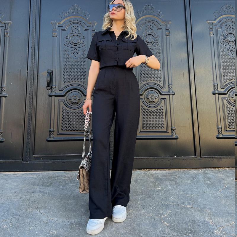 

2024 Women s Summer Two-Piece Set: European and American Style, Casual Short Sleeve Outfit Large чорний