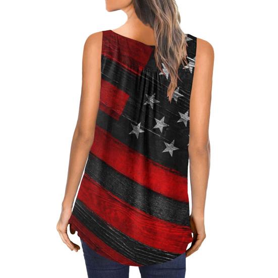 Women Vest Round Neck Buttons Half Placket Sleeveless Tank Tops US Flag Pattern Flowy Hem Camisole Daily Wear
