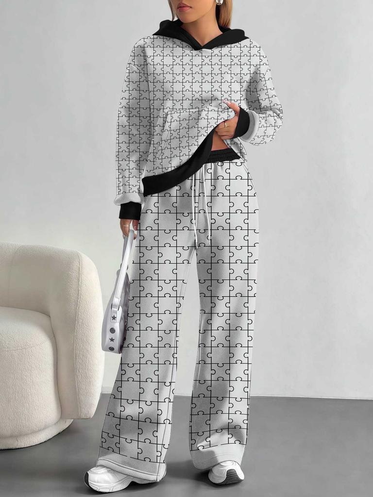 Square Splicing European, American Autumn and Winter Casual Long-sleeved Suit Women's Hooded Sweater Trousers Two-piece Set