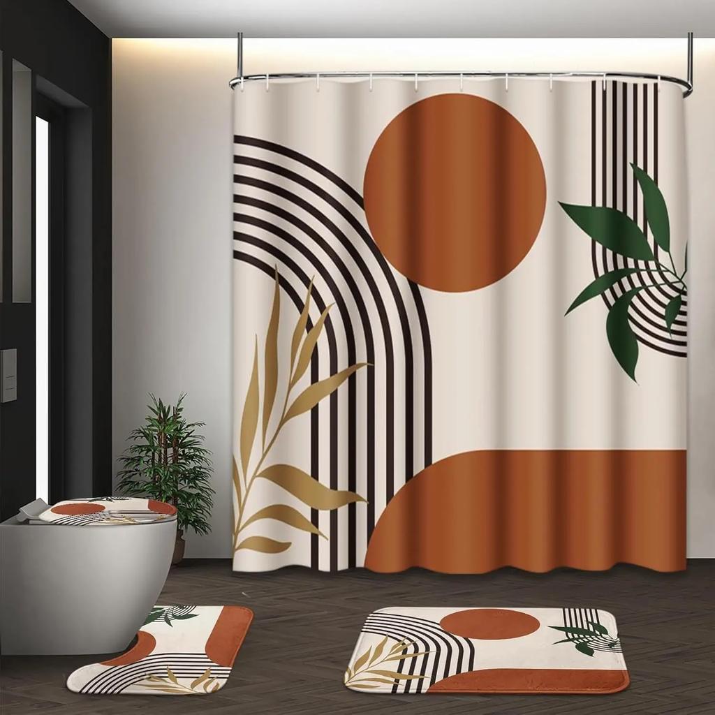 4Pcs Waterproof Shower Curtain Set Bathroom Curtain with Entrance Doormat Toilet Seat Cover Rug Anti-Slip Floor Mat Bath Decor