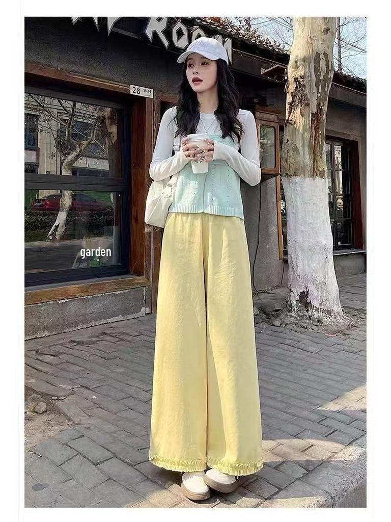 High Waist Korean Style Lace Trim Straight Leg Pants for Women - Summer Casual, Loose Fit, Versatile Cropped Design