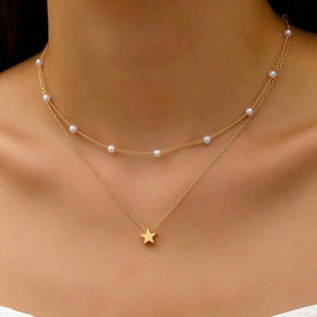 Retro Pearl Heart Pendant Necklace - Layered Alloy Chain for Women, European & American Style