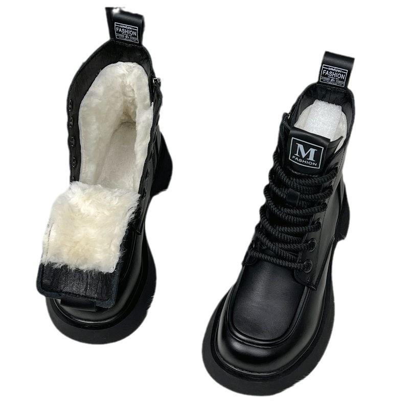 Women's Winter Snow Boots Shearling Fur Lined Wool Martin Ankle Boots Non-Slip Thick Sole Warm Thickened Cotton Boots