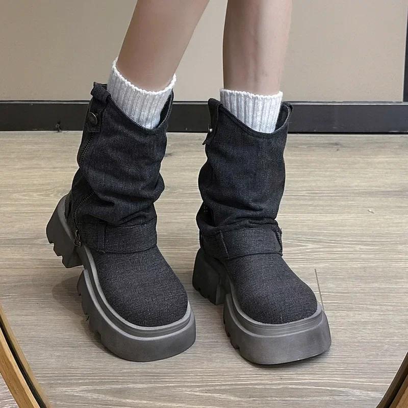 Women Thick Heel Western Cowboy Boots Female New Fashion High Heels Ankle Boots Woman Autumn Winter Platform Motorcycle Botas