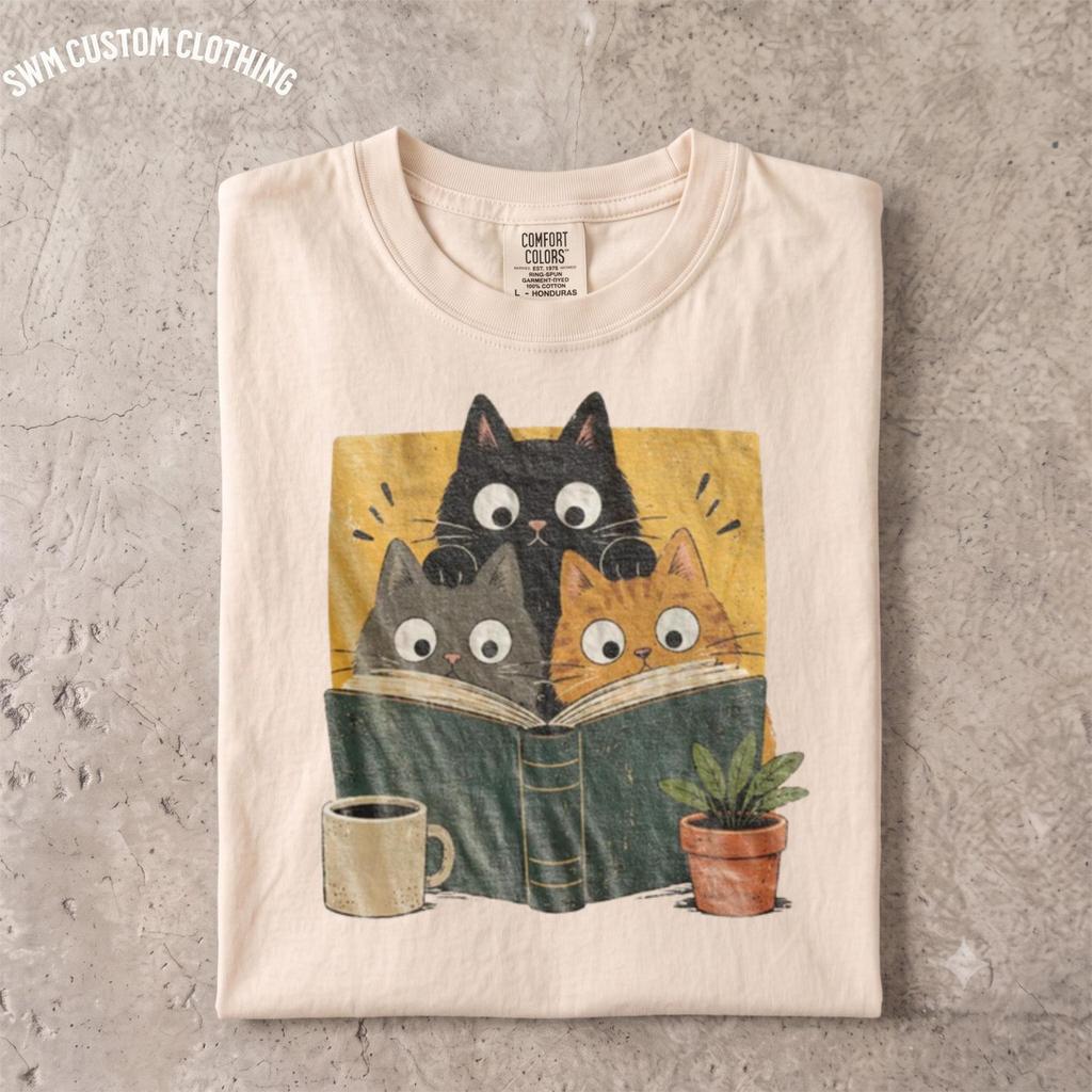Funny Cats Reading Book Shirt, Retro Bookworm Cat Mom Tee, Introvert Coffee Lover Top, Cozy Librarian Gift, Vintage Bookish Feline Graphic