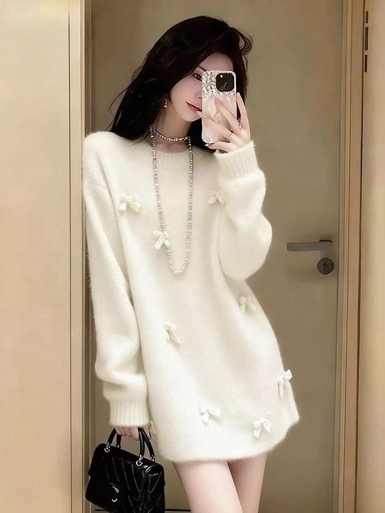 Women's Red Bow Knit Dress - Autumn/Winter Outerwear, Loose Fit, Mid-Length, Lazy Style Base Layer, Knitted Short Skirt