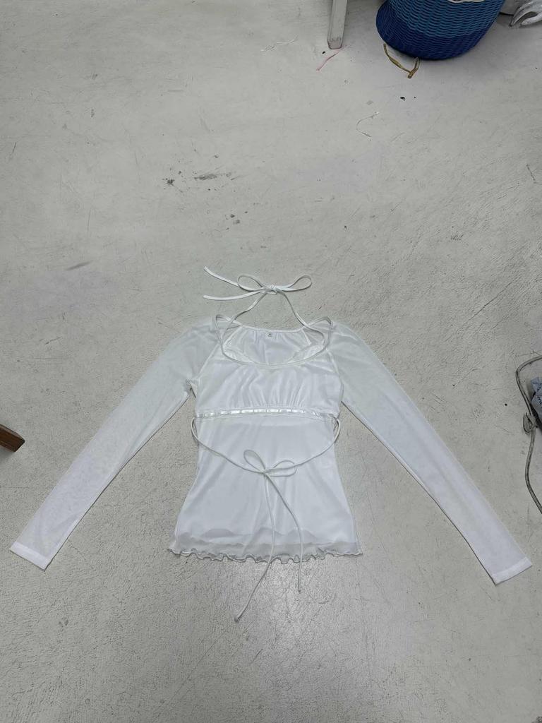 Spicy Girl Mesh Patchwork White Two-Piece Style Ruffle Trim Sheer Long Sleeve Top