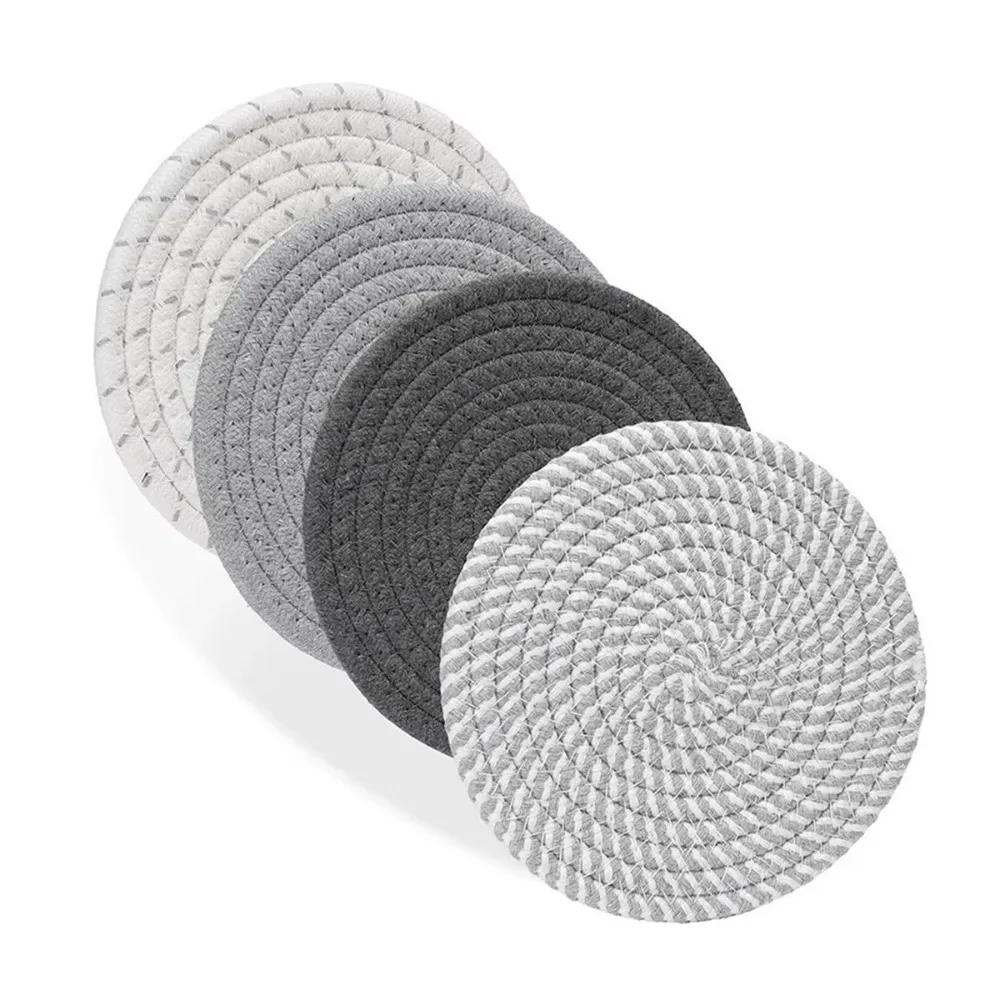 4Pcs Round Shape Trivets for Hot Dishes 18-33cm Braided Design Woven Pot Holders Cotton Thread Washable Table Placemats Set