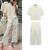 Spring New Lapel Short Sleeve Lace Short Top 3254490 High Waist Straight Ankle-length Pants 3278490