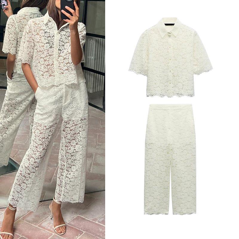 Spring New Lapel Short Sleeve Lace Short Top 3254490 High Waist Straight Ankle-length Pants 3278490