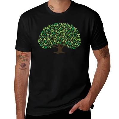 Oak Woodland Birds Summer Green Tree Art Tshirt Comfortable Basic Crew Neck Tee