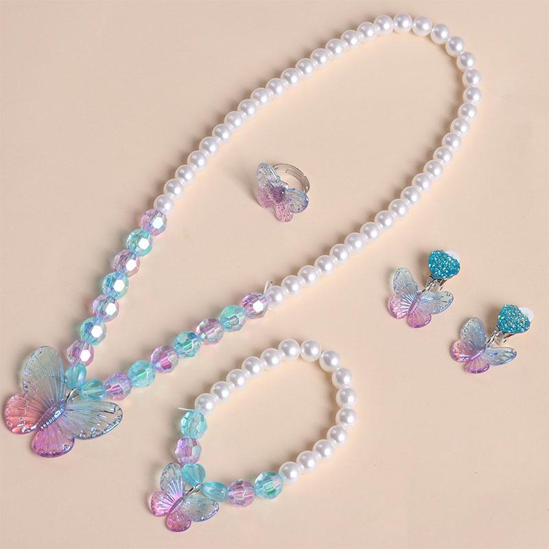 Süßes Cartoon-Schmetterling-Perlen-Schmuckset für Mädchen: Halskette, Armband, Ohrringe