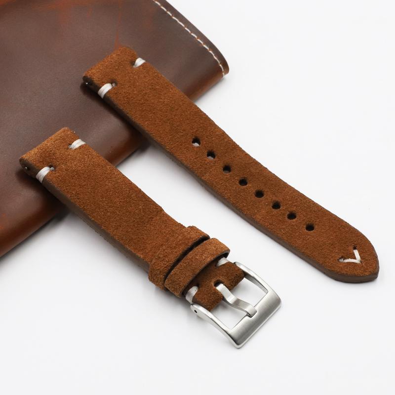 Pulseira de Couro Camurça Macio para Relógio 18mm 20mm 22mm 24mm Marrom Vintage Pulseira de Reposição Costura Feita à Mão Pulseira Universal