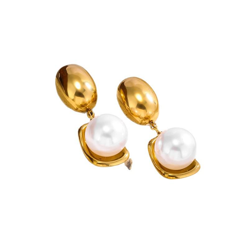 High-End Stainless Steel Oval Pearl Earrings - Light Luxury Titanium Design