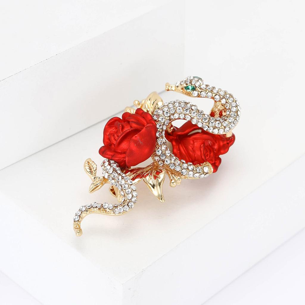 Enamel Rose and Snake Brooch with Rhinestones for Women Elegant Designs Lapel Pin for Business and Social Events