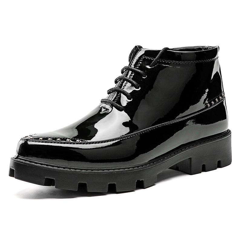 Embossed Men s High-Top Patent Leather Shoes, Autumn/Winter 2022 Korean Style Youth Thick-Soled Zipper British Design 38