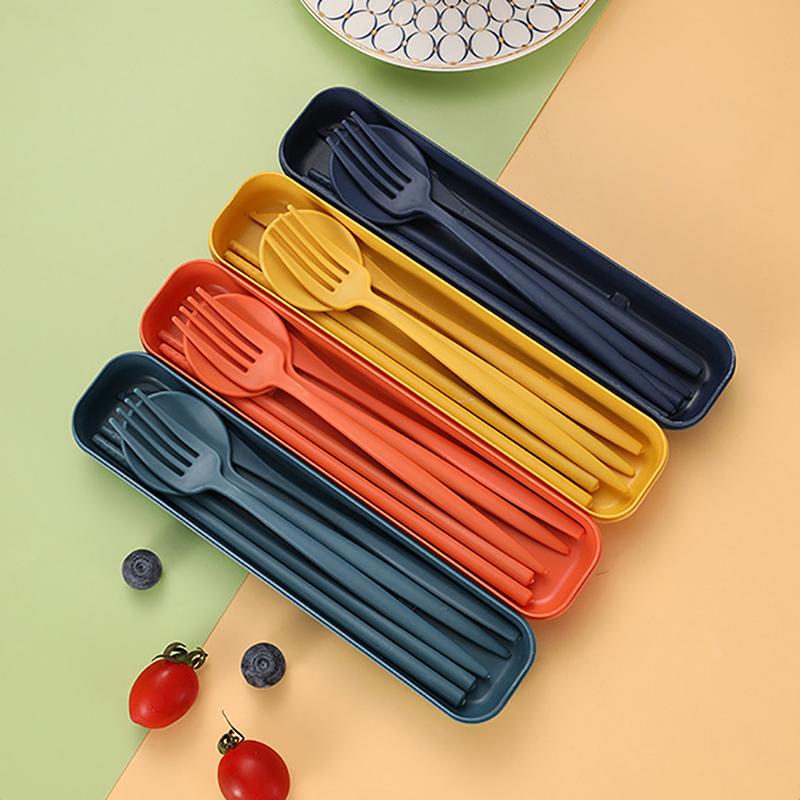 4Pcs/Set Portable Utensils With Box Healthy Eco-Friendly Wheat Straw Cutlery Reusable Chopstick Fork Knife Spoon Tableware Set