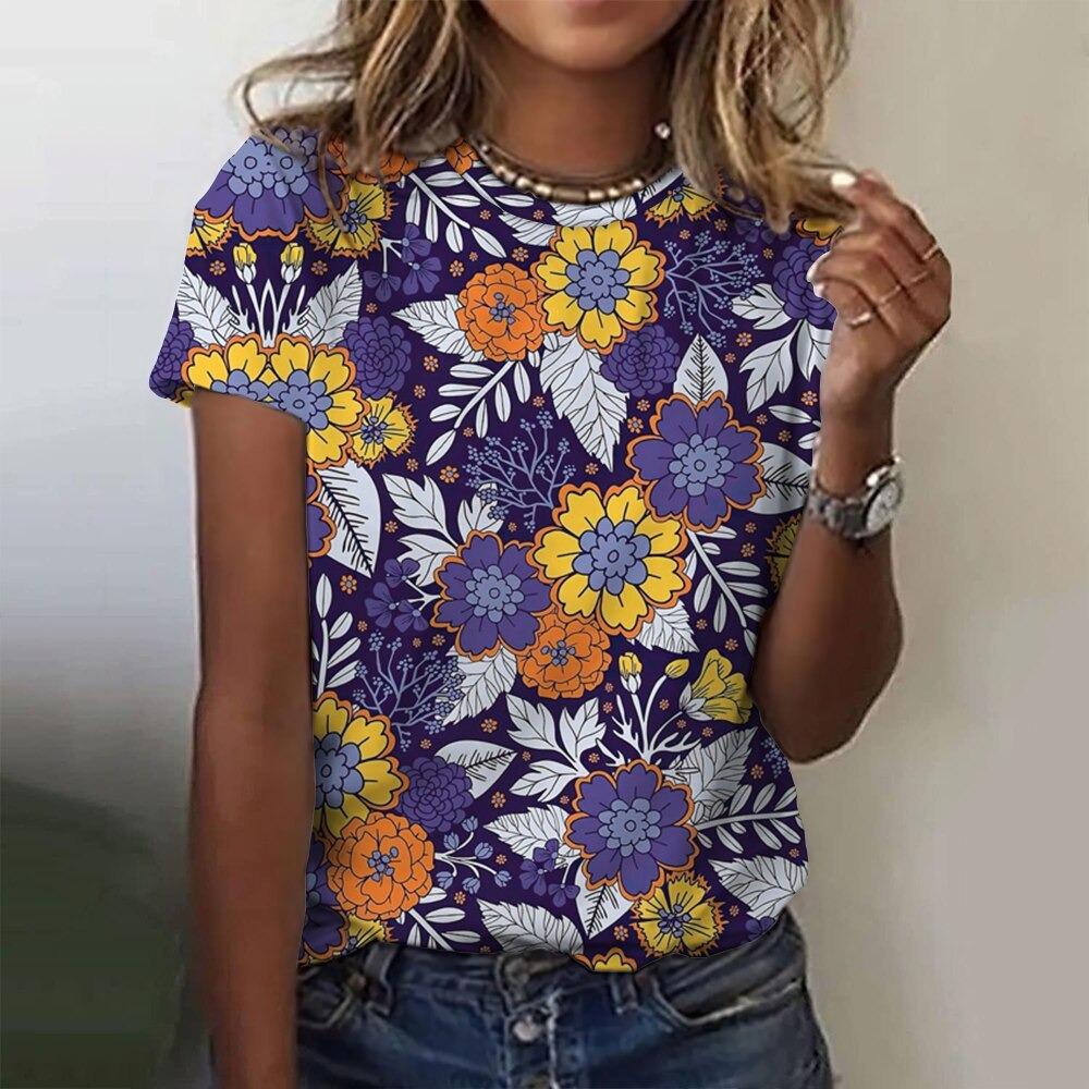 Camiseta de moda para mujer, ropa Harajuku con estampado floral, cuello redondo, jersey con estampado 3D, camisetas de manga corta, ropa urbana holgada de verano
