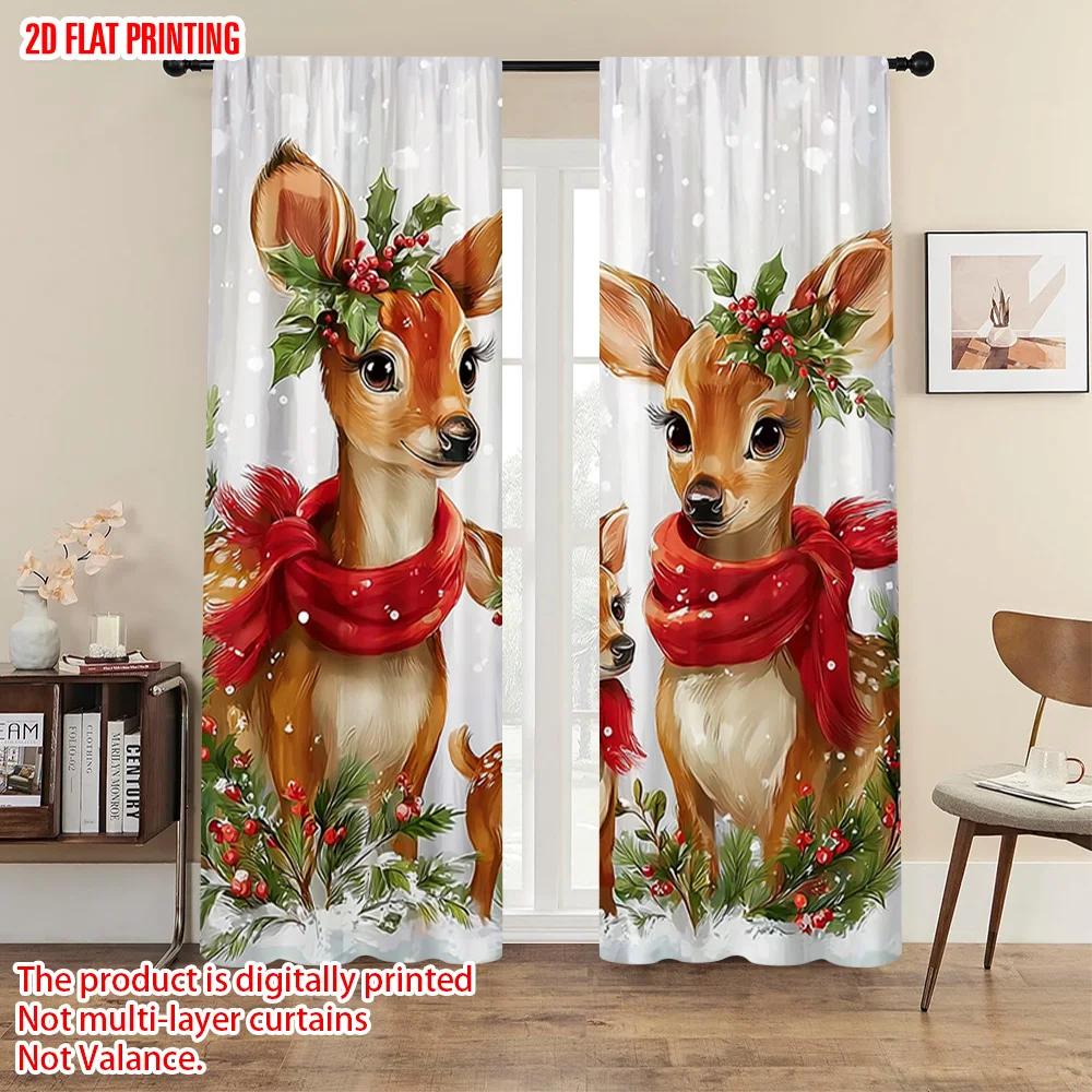 2pcs   plane printing Creative Curtains Christmas Elk Durable 100% Polyester Fabric (without rod) Outdoor Decorations Ldeal for
