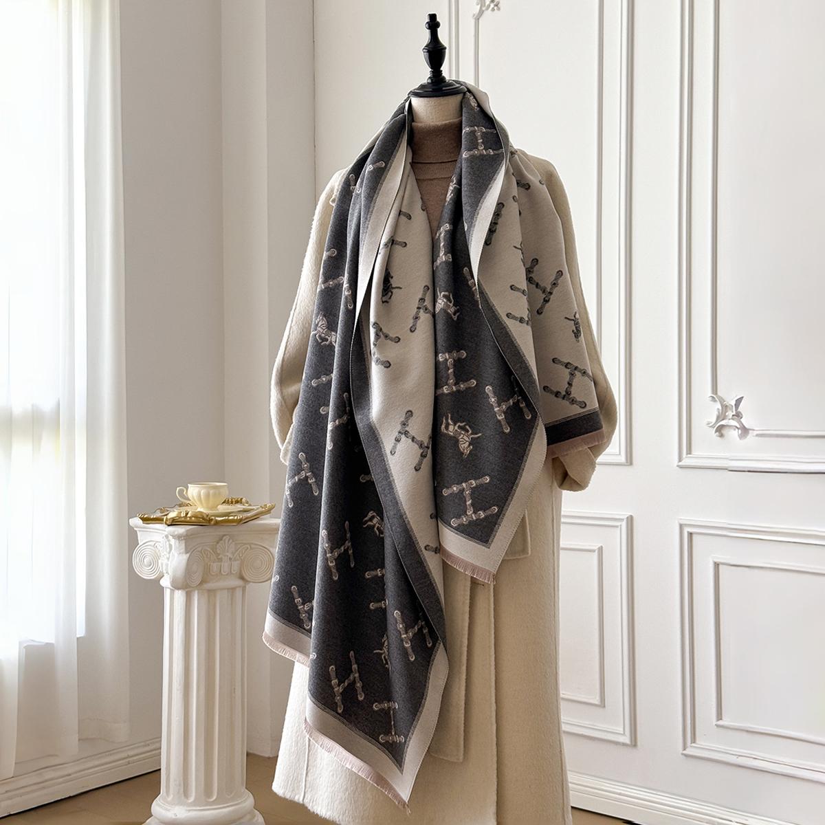 Modischer Damen-Kaschmir-Winter-Schal - Vintage Floral Gemaltes Ölgemälde Stil Pashmina Dicke Wickeldecke & Poncho gray