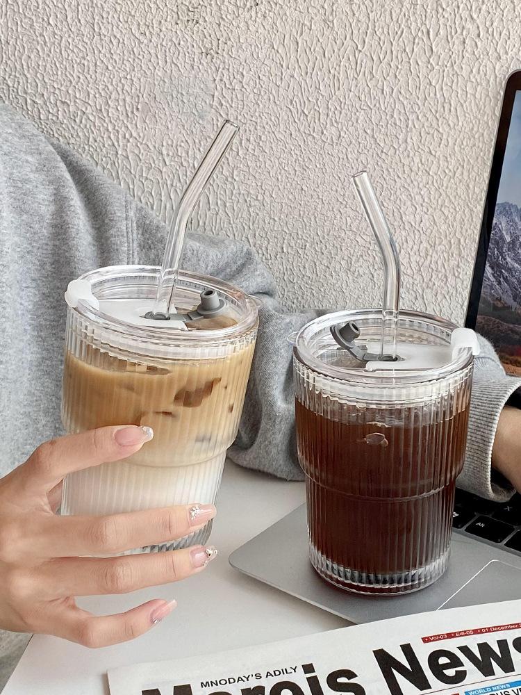 450ML Stripe Glass Coffee Cup With Lid and Straw Transparent Drinking Glasses for Juice Milk Tea Cups Iced Coffee Mugs Drinkware