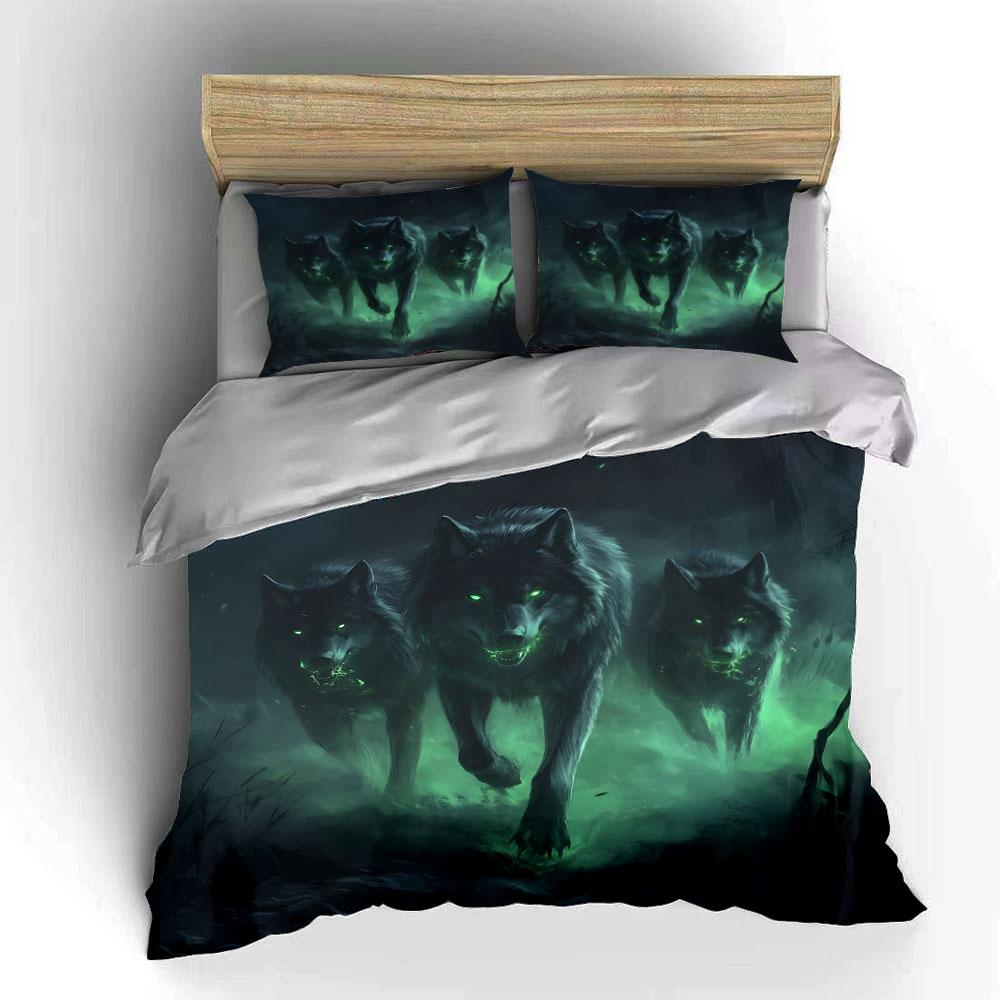 Three Wolves With Green Glow Duvet Cover Set With 3D Printing Design Soft Polyester Bedding Set All-Season Comfort For Gifts