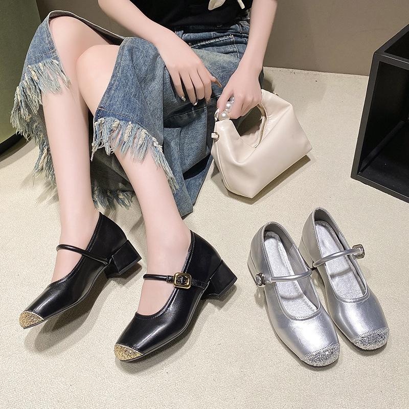 Fashion Mary Janes Women's Spring 2025 New Korean Style Slip-On Square Head Thick Heel Medium Heel Buckle Trendy Match Single Shoes