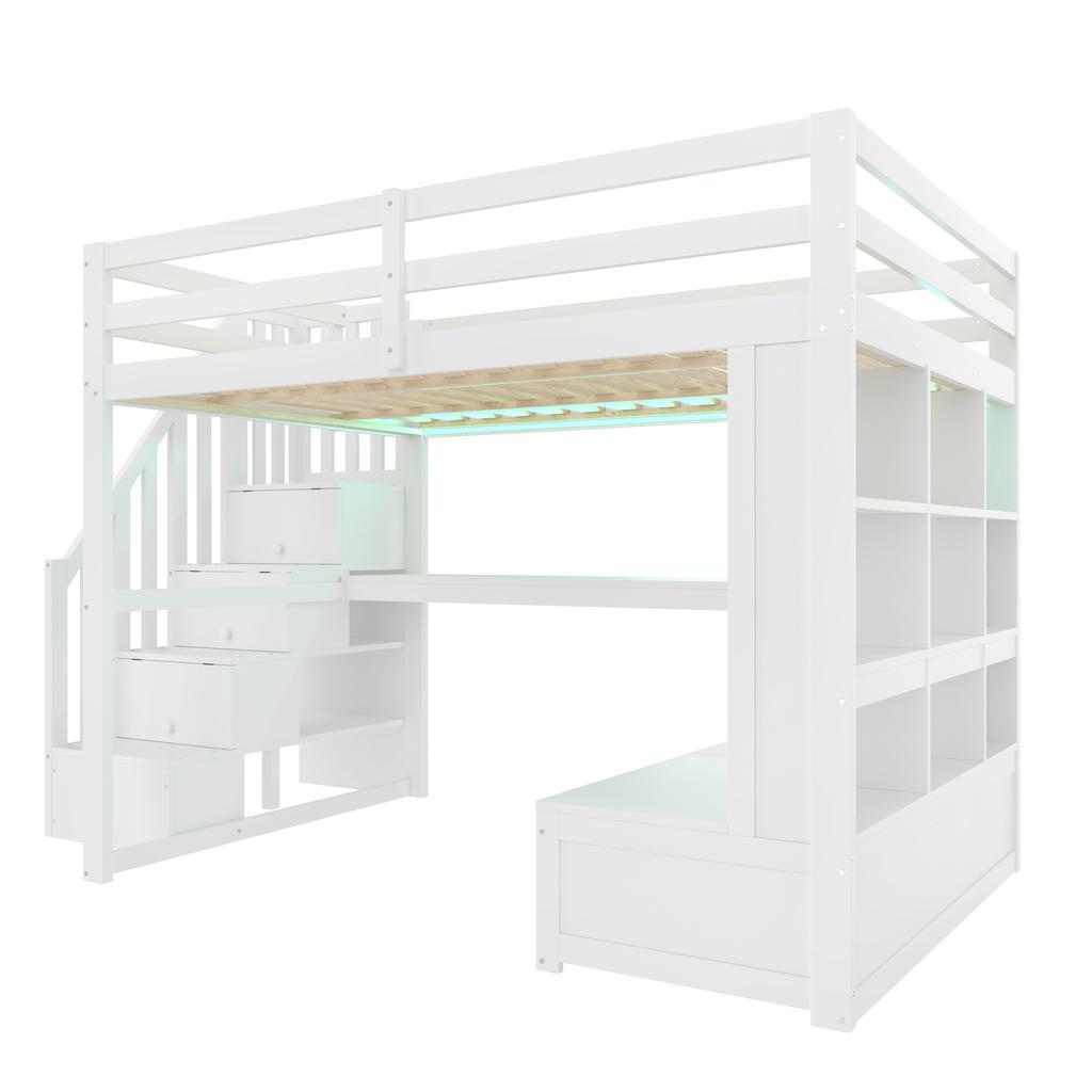 Letto a soppalco 140x200 con Scrivania e Mensole, Due Cassetti Integrati, Scala con Scomparti, Bianco