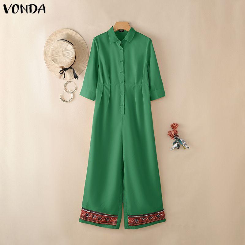 VONDA Damen Lapel Kragen 3/4 Ärmel Lässig Elegant Lang Weiter Bein Jumpsuit Rompers Für Große