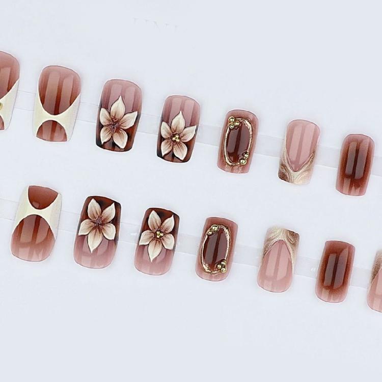 French Style Press On Nail With 3D Floral Leopard Carving ABS Easy Removal For Daily Fashion Professional