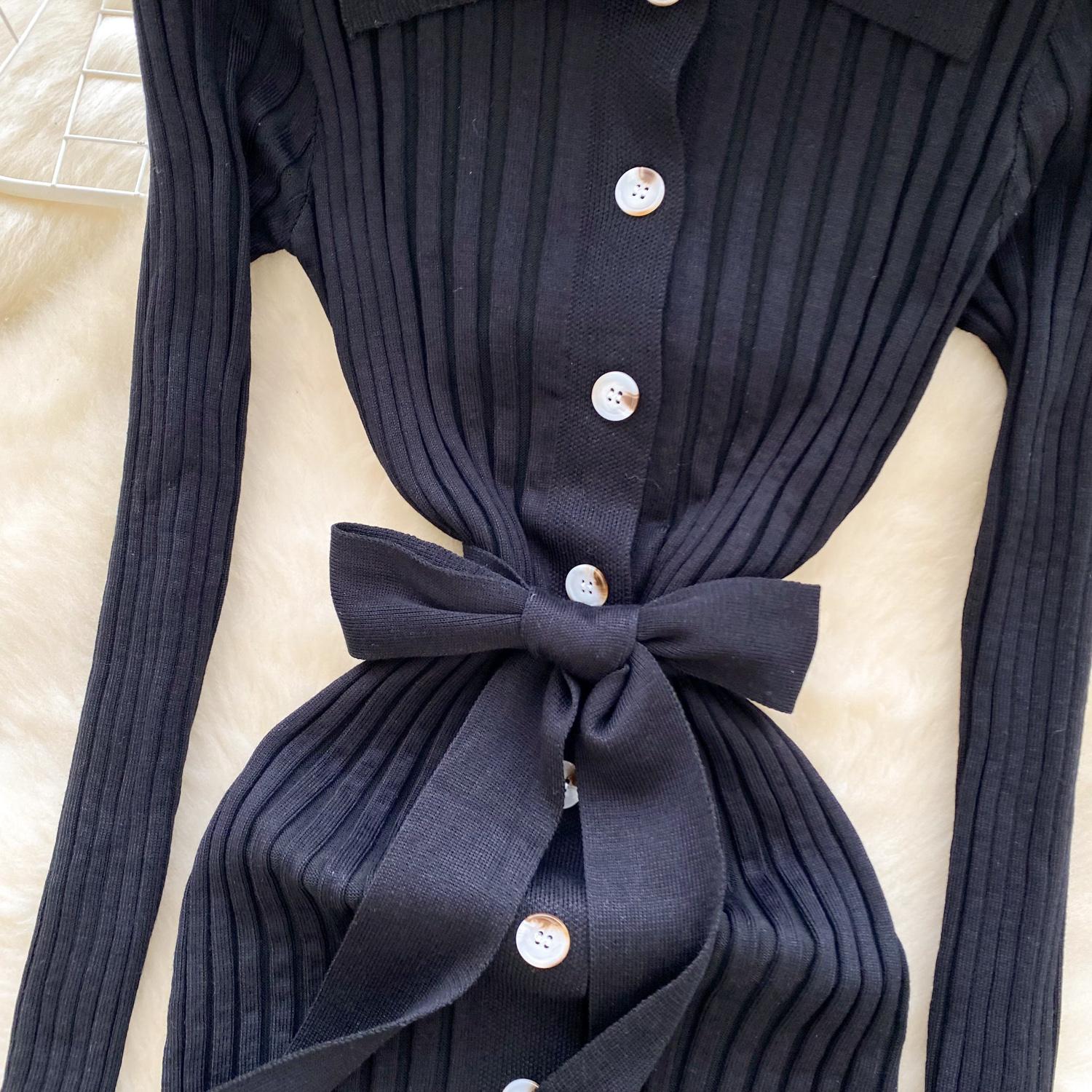 Винтажное отложной воротник элегантное длинное рукав однобортное бандажное трикотажное — фото 11